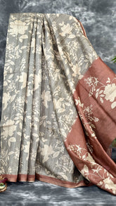 Grey and Rust Red Floral Printed with Contrast Pallu Phulwari Silk Saree
